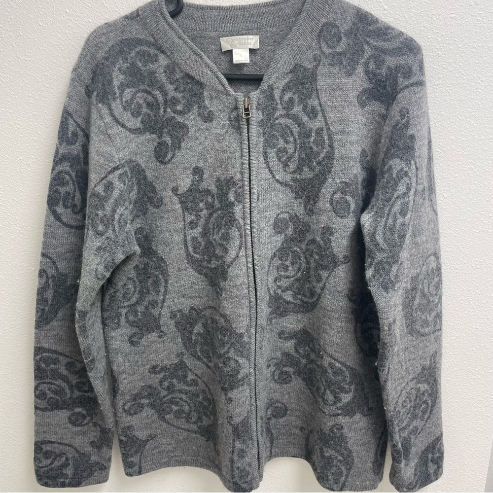 Christopher & Banks Women's Large Gray Floral Zip Sweater 100% Wool. RN 63823